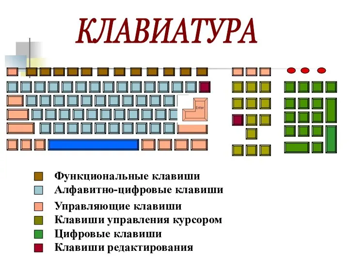 КЛАВИАТУРА Функциональные клавиши Алфавитно-цифровые клавиши Управляющие клавиши Клавиши управления курсором Цифровые клавиши Клавиши редактирования