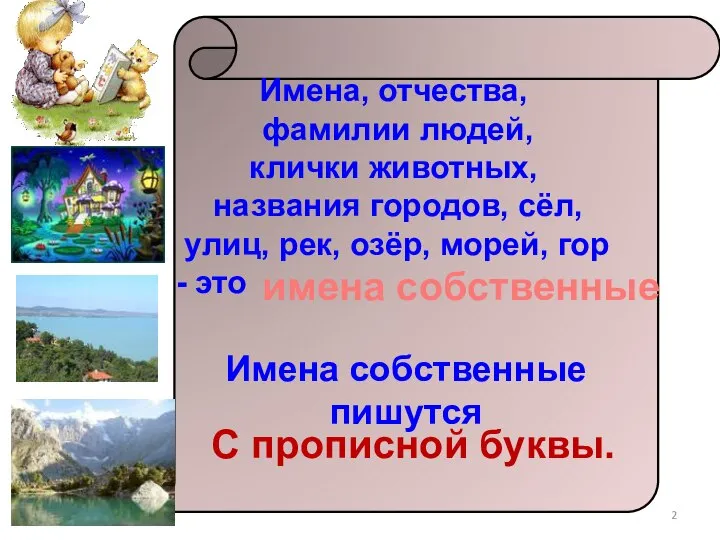 Имена, отчества, фамилии людей, клички животных, названия городов, сёл, улиц, рек,