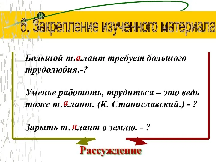 6. Закрепление изученного материала Большой т…лант требует большого трудолюбия.-? Уменье работать,