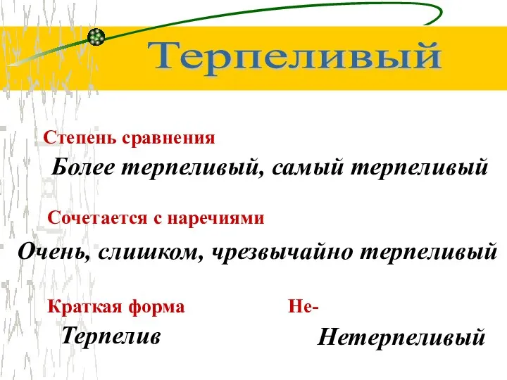 Терпеливый Степень сравнения Более терпеливый, самый терпеливый Сочетается с наречиями Очень,