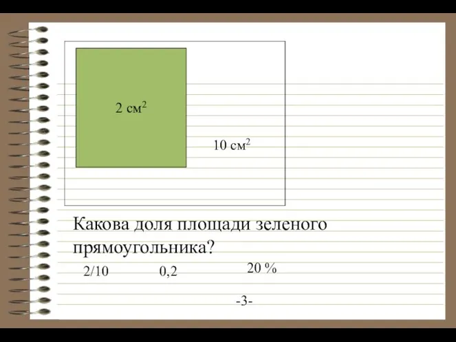 2 см2 10 см2 Какова доля площади зеленого прямоугольника? 2/10 0,2 20 % -3-