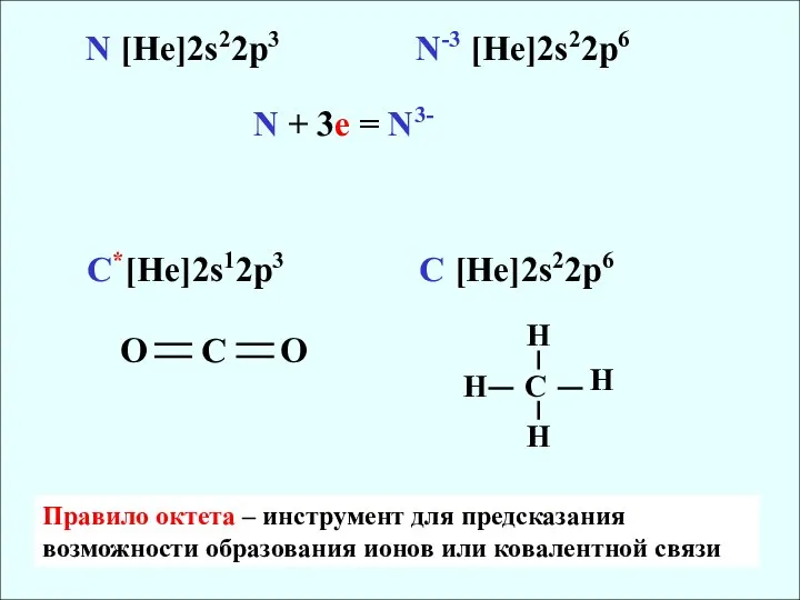 N [He]2s22p3 N-3 [He]2s22p6 N + 3е = N3- C*[He]2s12p3 C