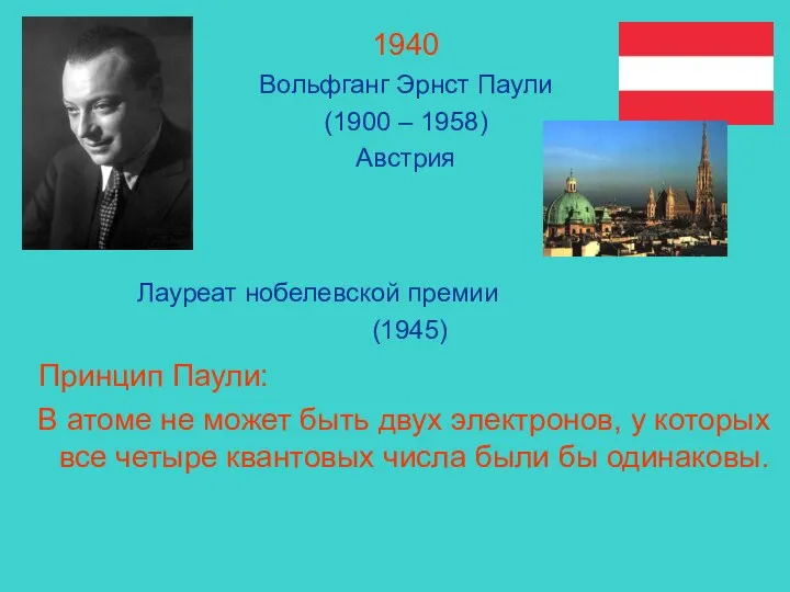 1940 Вольфганг Эрнст Паули (1900 – 1958) Австрия Лауреат нобелевской премии