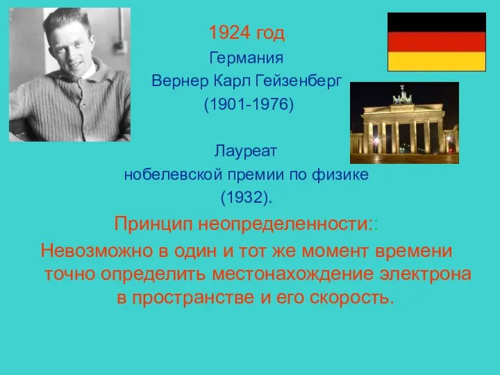 1924 год Германия Вернер Карл Гейзенберг (1901-1976) Лауреат нобелевской премии по