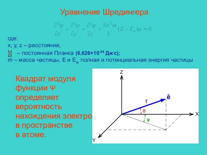 Уравнение Шредингера где: x, y, z – расстояние, – постоянная Планка