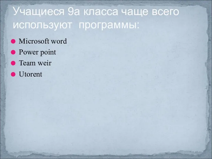 Microsoft word Power point Team weir Utorent Учащиеся 9а класса чаще всего используют программы: