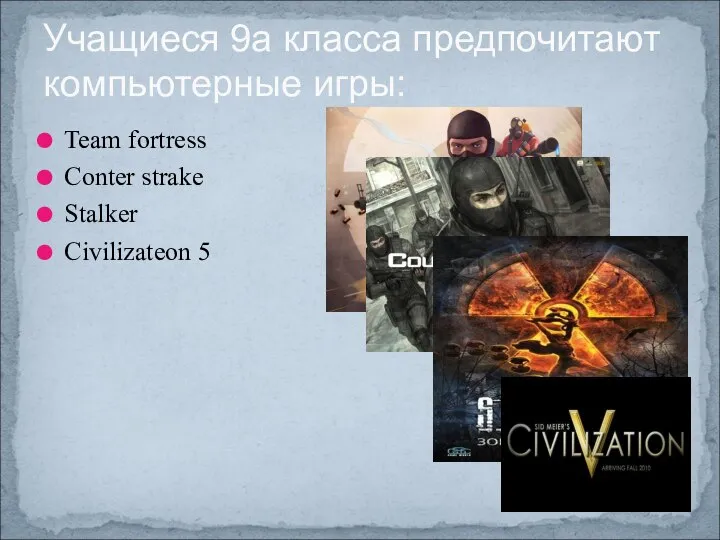 Team fortress Conter strake Stalker Civilizateon 5 Учащиеся 9а класса предпочитают компьютерные игры: