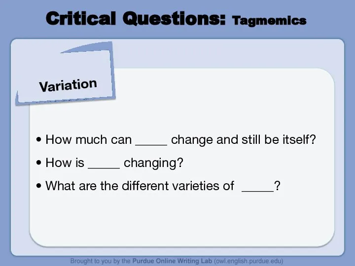 Critical Questions: Tagmemics Variation How much can _____ change and still