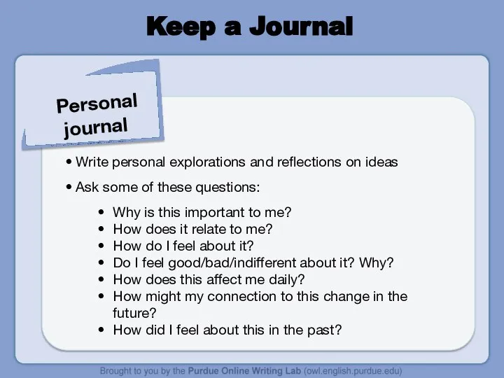 Keep a Journal Personal journal Write personal explorations and reflections on