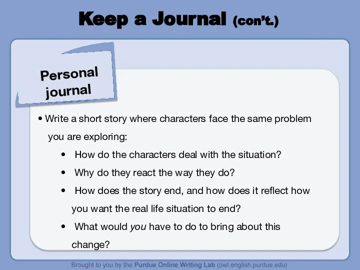 Keep a Journal (con’t.) Personal journal Write a short story where