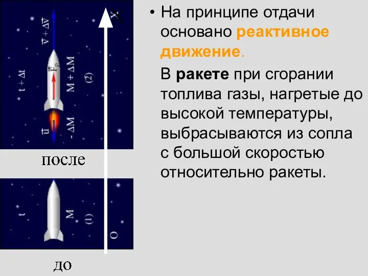 На принципе отдачи основано реактивное движение. В ракете при сгорании топлива