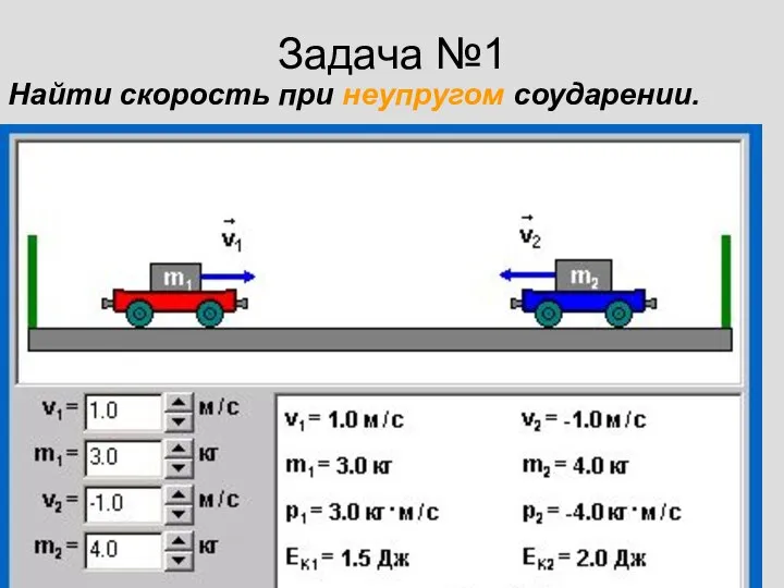 Задача №1 Найти скорость при неупругом соударении.