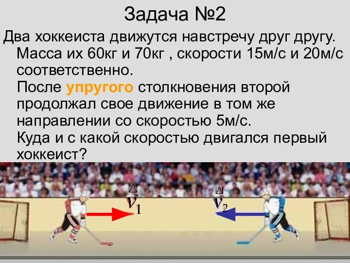 Задача №2 Два хоккеиста движутся навстречу друг другу. Масса их 60кг