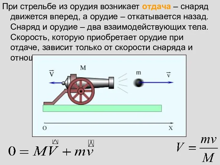 При стрельбе из орудия возникает отдача – снаряд движется вперед, а