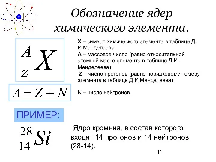 Обозначение ядер химического элемента. Х – символ химического элемента в таблице
