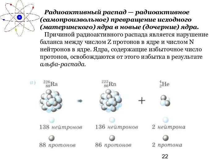 Радиоактивный распад — радиоактивное (самопроизвольное) превращение исходного (материнского) ядра в новые