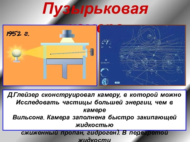 Пузырьковая камера Д.Глейзер сконструировал камеру, в которой можно Исследовать частицы большей