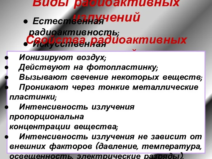 Виды радиоактивных излучений Естественная радиоактивность; Искусственная радиоактивность. Свойства радиоактивных излучений Ионизируют