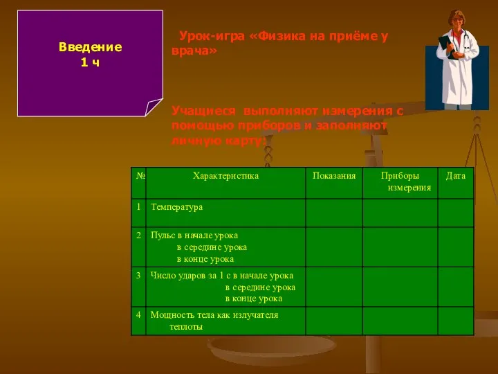 Введение 1 ч Урок-игра «Физика на приёме у врача» Учащиеся выполняют