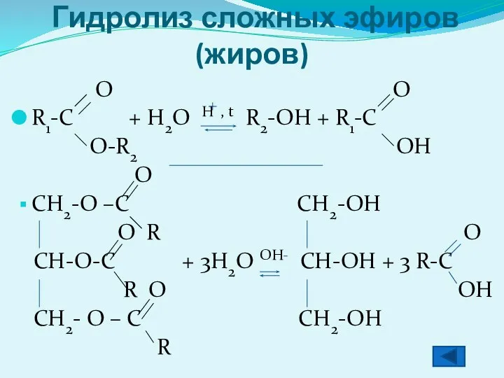 Гидролиз сложных эфиров (жиров) O O R1-C + H2O H ,