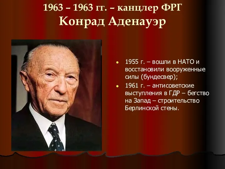 1963 – 1963 гг. – канцлер ФРГ Конрад Аденауэр 1955 г.