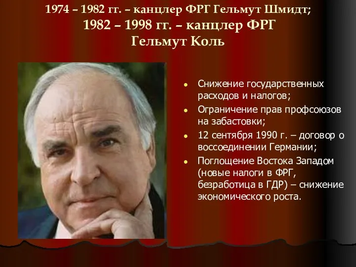 1974 – 1982 гг. – канцлер ФРГ Гельмут Шмидт; 1982 –