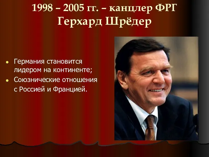 1998 – 2005 гг. – канцлер ФРГ Герхард Шрёдер Германия становится