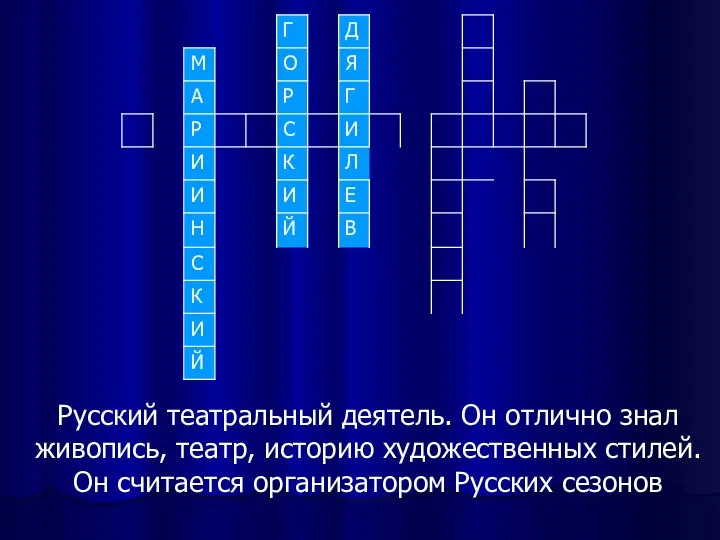 Русский театральный деятель. Он отлично знал живопись, театр, историю художественных стилей. Он считается организатором Русских сезонов