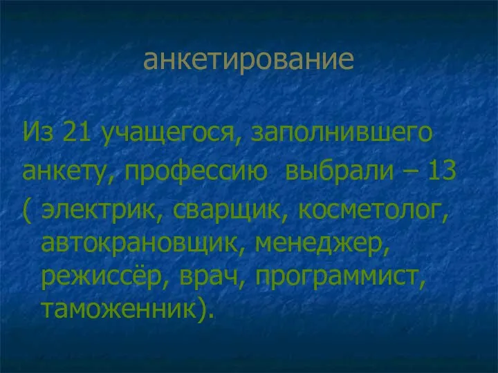 анкетирование Из 21 учащегося, заполнившего анкету, профессию выбрали – 13 (