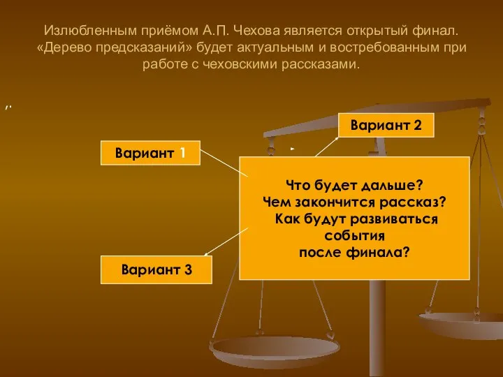 Излюбленным приёмом А.П. Чехова является открытый финал. «Дерево предсказаний» будет актуальным