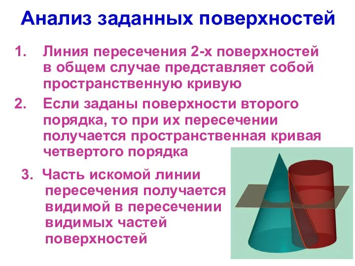 Анализ заданных поверхностей Линия пересечения 2-х поверхностей в общем случае представляет