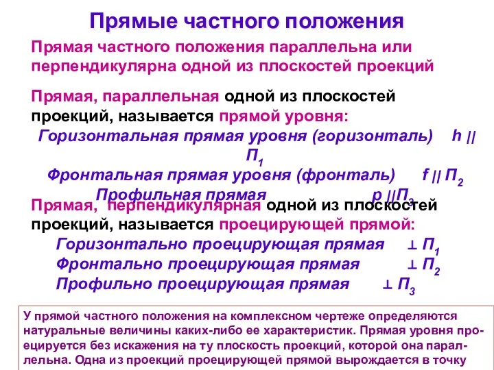 У прямой частного положения на комплексном чертеже определяются натуральные величины каких-либо