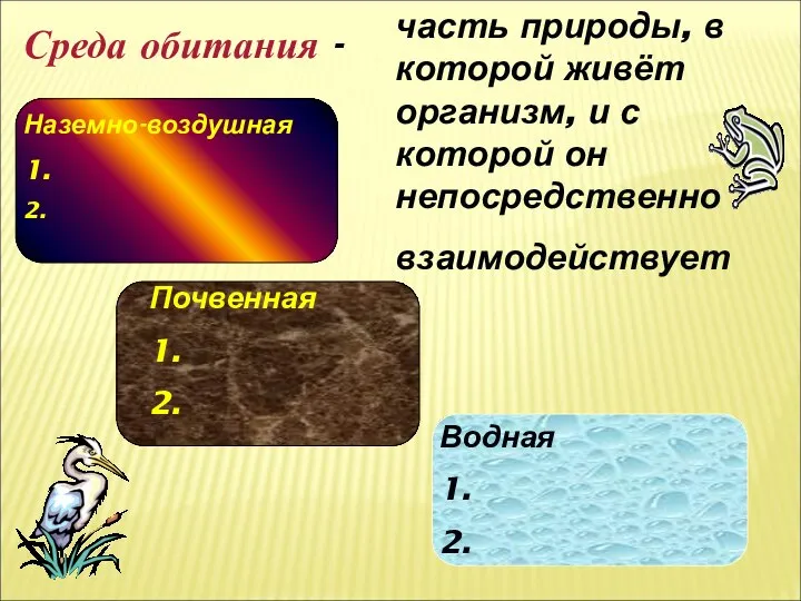 Среда обитания - часть природы, в которой живёт организм, и с