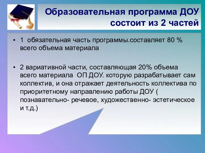 Образовательная программа ДОУ состоит из 2 частей 1 обязательная часть программы.составляет