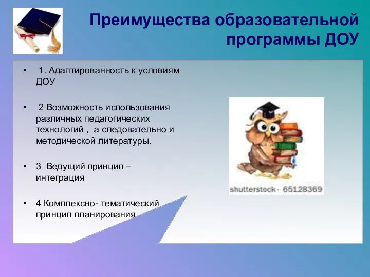 Преимущества образовательной программы ДОУ 1. Адаптированность к условиям ДОУ 2 Возможность