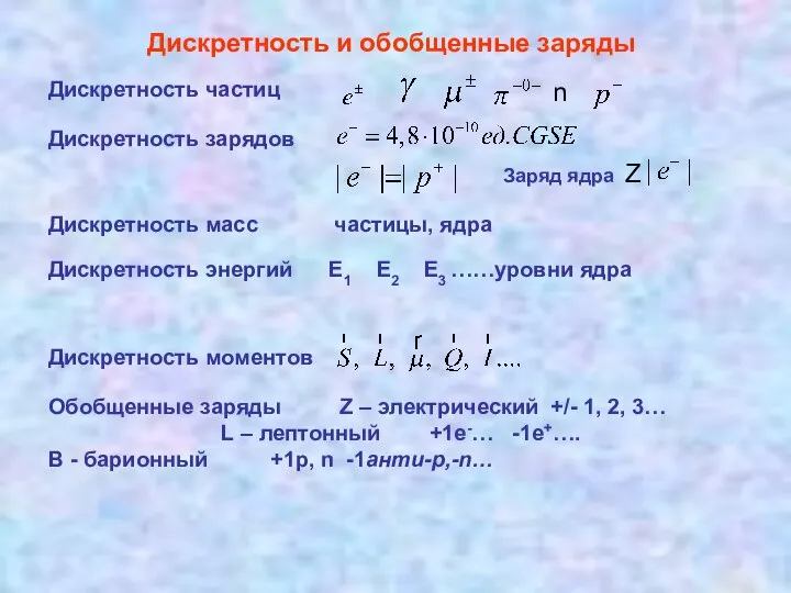 Дискретность и обобщенные заряды Дискретность частиц n Дискретность зарядов Заряд ядра