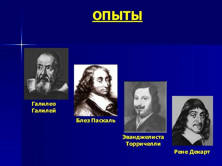 ОПЫТЫ Галилео Галилей Блез Паскаль Эванджелиста Торричелли Рене Декарт