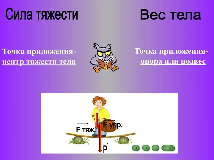 Сила тяжести Вес тела Точка приложения- центр тяжести тела Точка приложения-