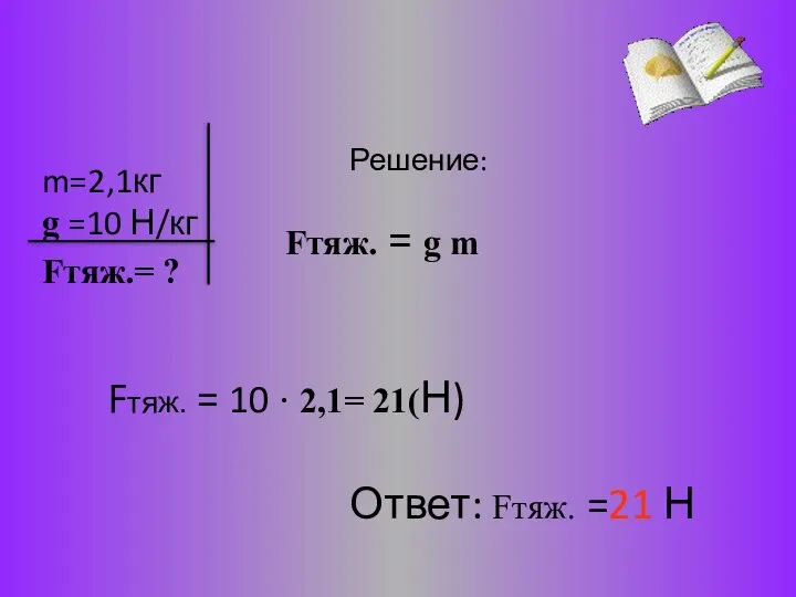 Решение: Fтяж. = g m Fтяж. = 10 · 2,1= 21(Н)