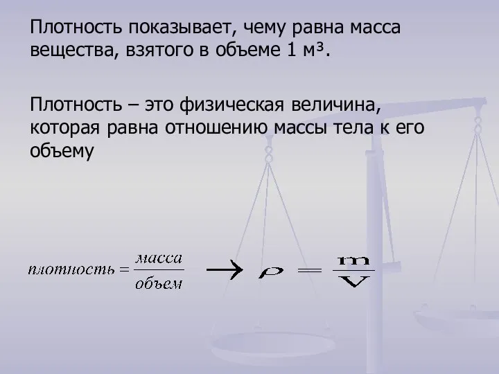 Плотность показывает, чему равна масса вещества, взятого в объеме 1 м³.