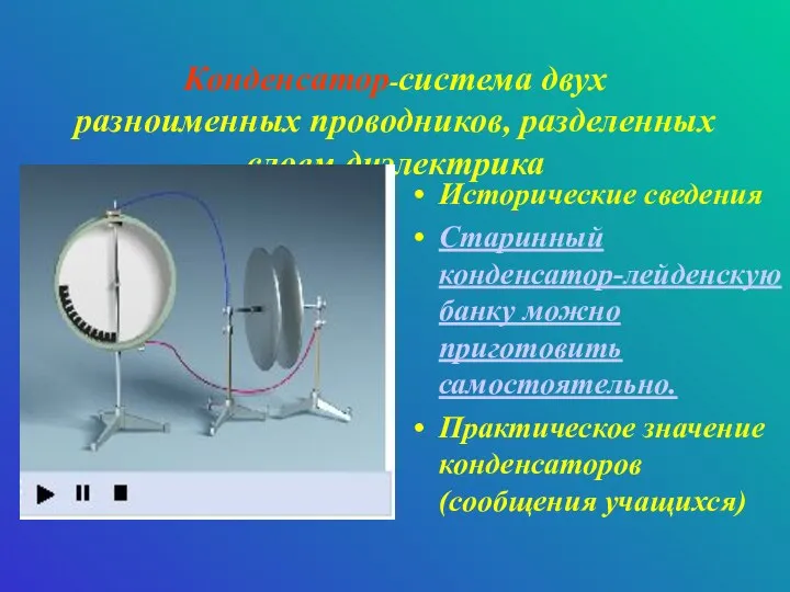 Конденсатор-система двух разноименных проводников, разделенных слоем диэлектрика Исторические сведения Старинный конденсатор-лейденскую