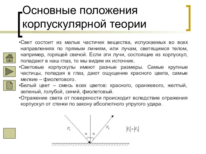 Основные положения корпускулярной теории Свет состоит из малых частичек вещества, испускаемых