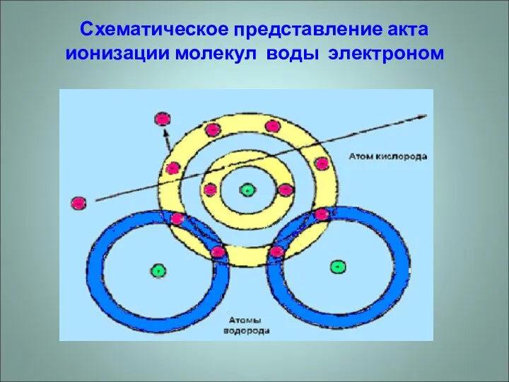 Схематическое представление акта ионизации молекул воды электроном