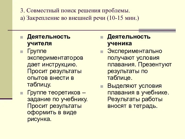 3. Совместный поиск решения проблемы. а) Закрепление во внешней речи (10-15