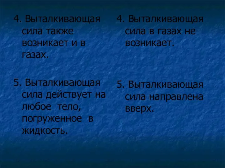 4. Выталкивающая сила также возникает и в газах. 5. Выталкивающая сила