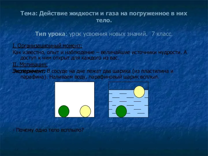 Тема: Действие жидкости и газа на погруженное в них тело. Тип