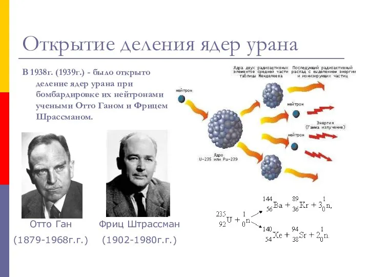 Открытие деления ядер урана В 1938г. (1939г.) - было открыто деление