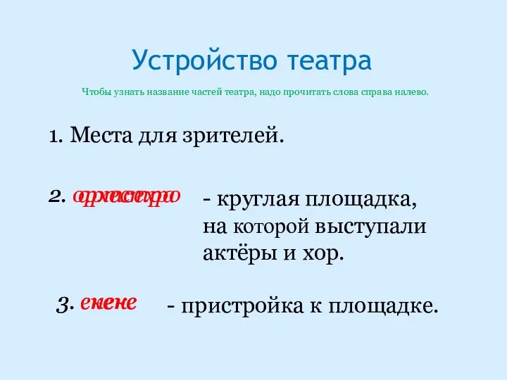 Устройство театра 1. Места для зрителей. 2. артсехро - круглая площадка,