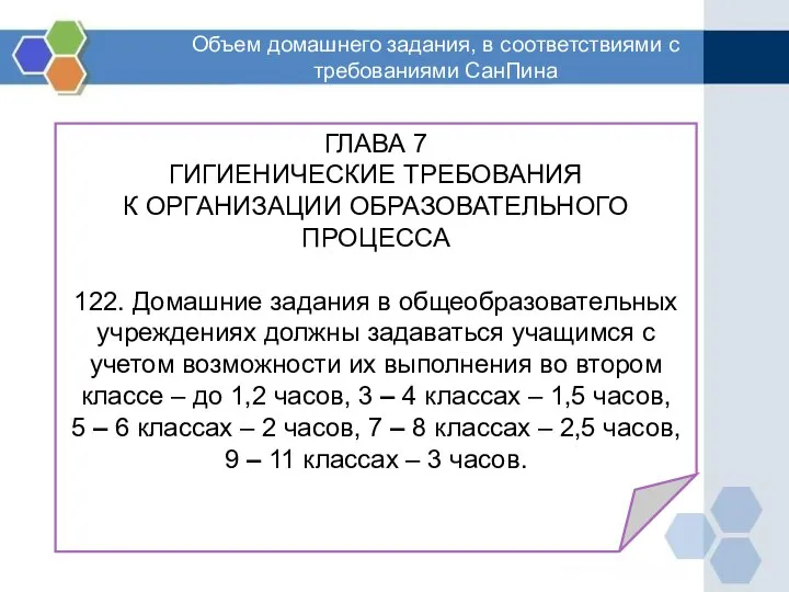 Объем домашнего задания, в соответствиями с требованиями СанПина ГЛАВА 7 ГИГИЕНИЧЕСКИЕ