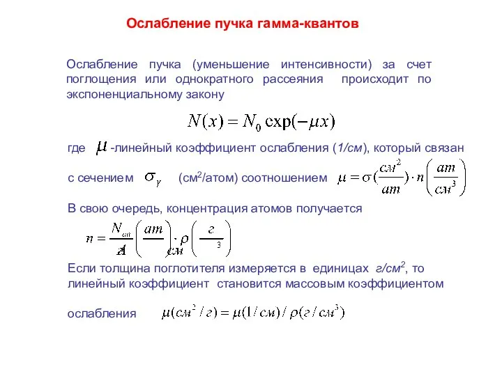 Ослабление пучка гамма-квантов Ослабление пучка (уменьшение интенсивности) за счет поглощения или